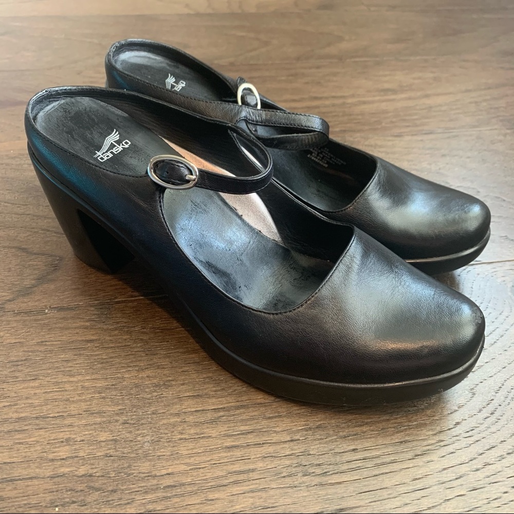 Dansko Black Leather Open Back Block Heels 39